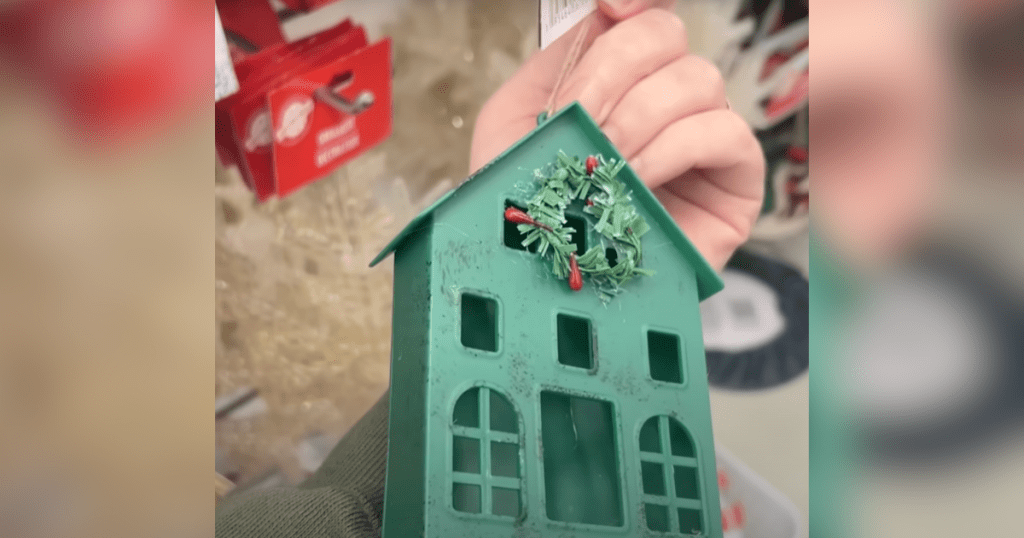 green dollar tree house ornament in woman's hand in dollar store