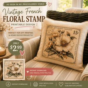 Vintage French Floral Stamp Printable | Digital PNG for DTF Printing & DIY Projects