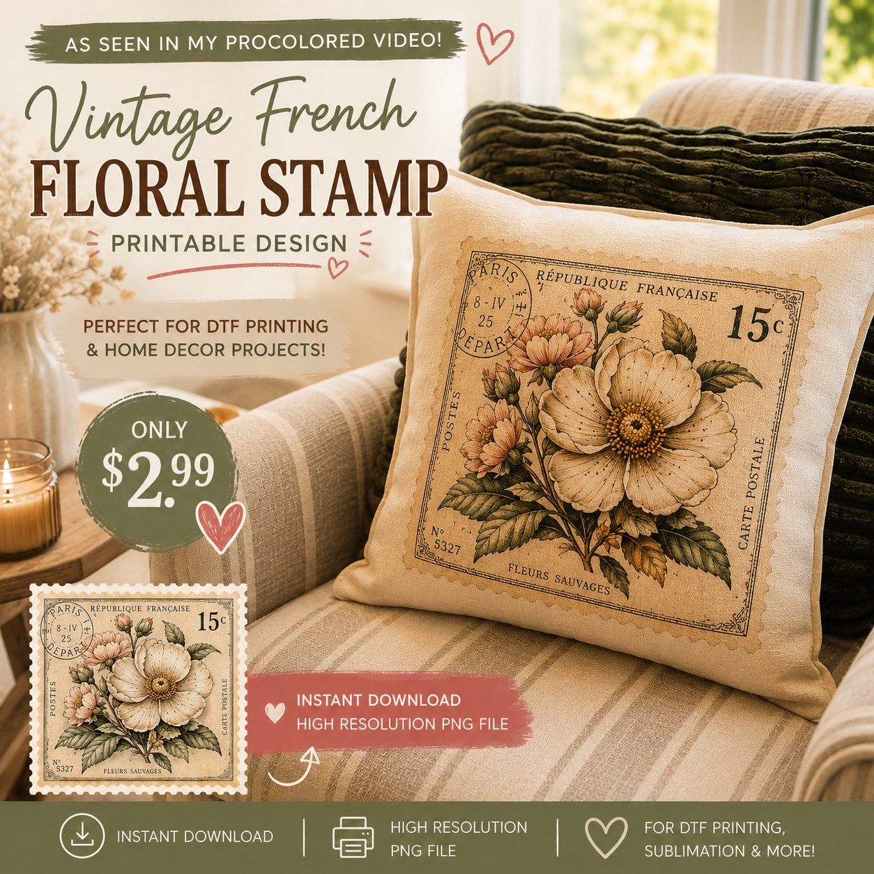 Vintage French Floral Stamp Printable | Digital PNG for DTF Printing & DIY Projects